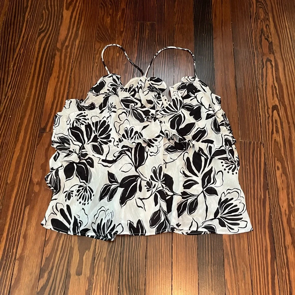 J. Crew Black and White Floral Ruffle Cami